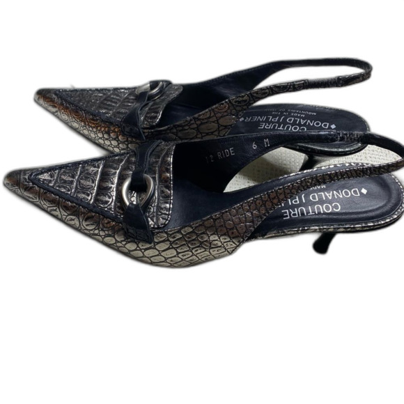 Donald J Pliner Couture Slingback Heels Sz. 6 Pointed Toe Embossed Black Silver - Picture 1 of 6